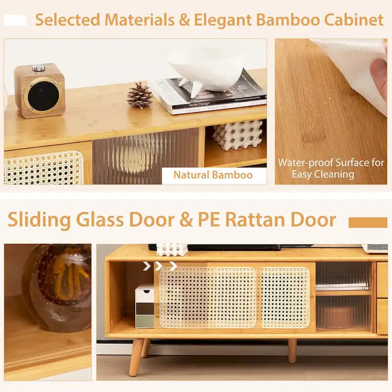 Meuble TV en Bambou Naturel/Marron avec Portes en Verre et Rotin & 2 Tiroirs - Usage Unique