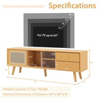 Meuble TV en Bambou Naturel/Marron avec Portes en Verre et Rotin & 2 Tiroirs - Usage Unique