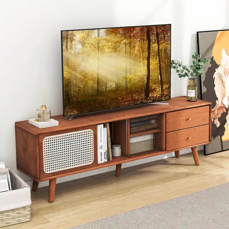 Meuble TV en Bambou Naturel/Marron avec Portes en Verre et Rotin & 2 Tiroirs - Usage Unique