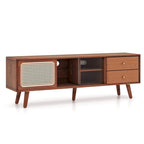 Meuble TV en Bambou Naturel/Marron avec Portes en Verre et Rotin & 2 Tiroirs - Usage Unique