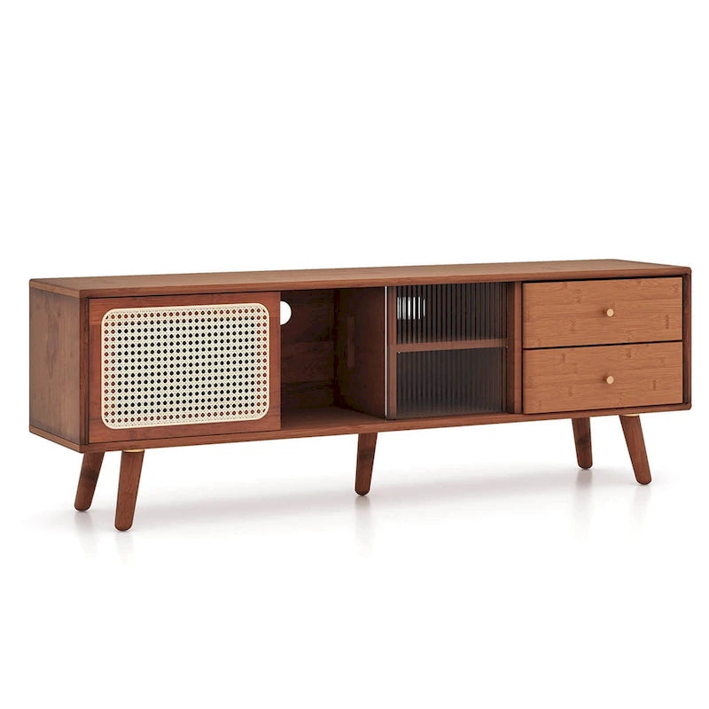 Meuble TV en Bambou Naturel/Marron avec Portes en Verre et Rotin & 2 Tiroirs - Usage Unique