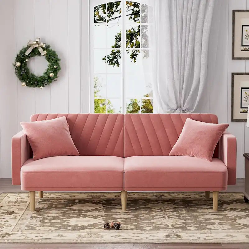 Gris velours / Rose / Vert olive / Orange / Gris lin / Blanc / Cuir marron / Cuir blanc - Canapé futon convertible capitonné de style Mid-Century – 3 places