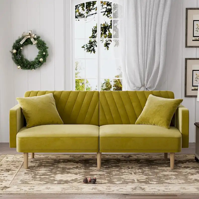 Gris velours / Rose / Vert olive / Orange / Gris lin / Blanc / Cuir marron / Cuir blanc - Canapé futon convertible capitonné de style Mid-Century – 3 places