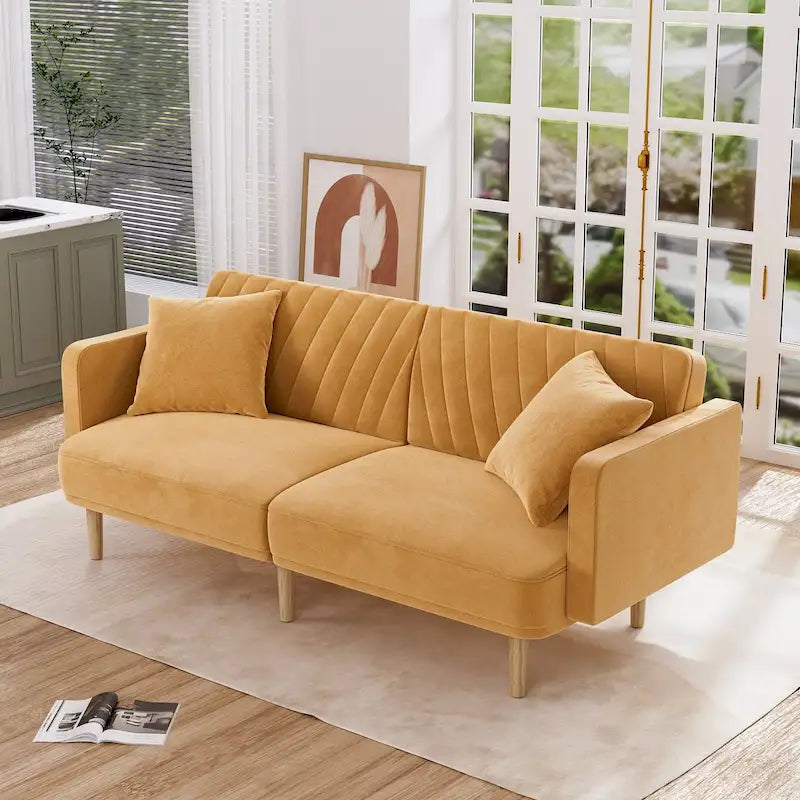 Gris velours / Rose / Vert olive / Orange / Gris lin / Blanc / Cuir marron / Cuir blanc - Canapé futon convertible capitonné de style Mid-Century – 3 places