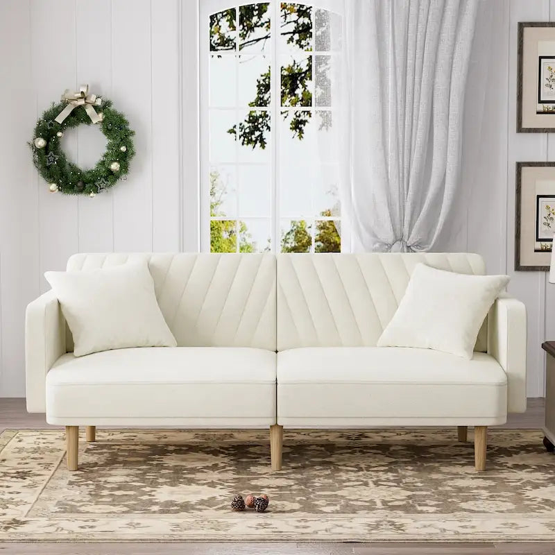 Gris velours / Rose / Vert olive / Orange / Gris lin / Blanc / Cuir marron / Cuir blanc - Canapé futon convertible capitonné de style Mid-Century – 3 places