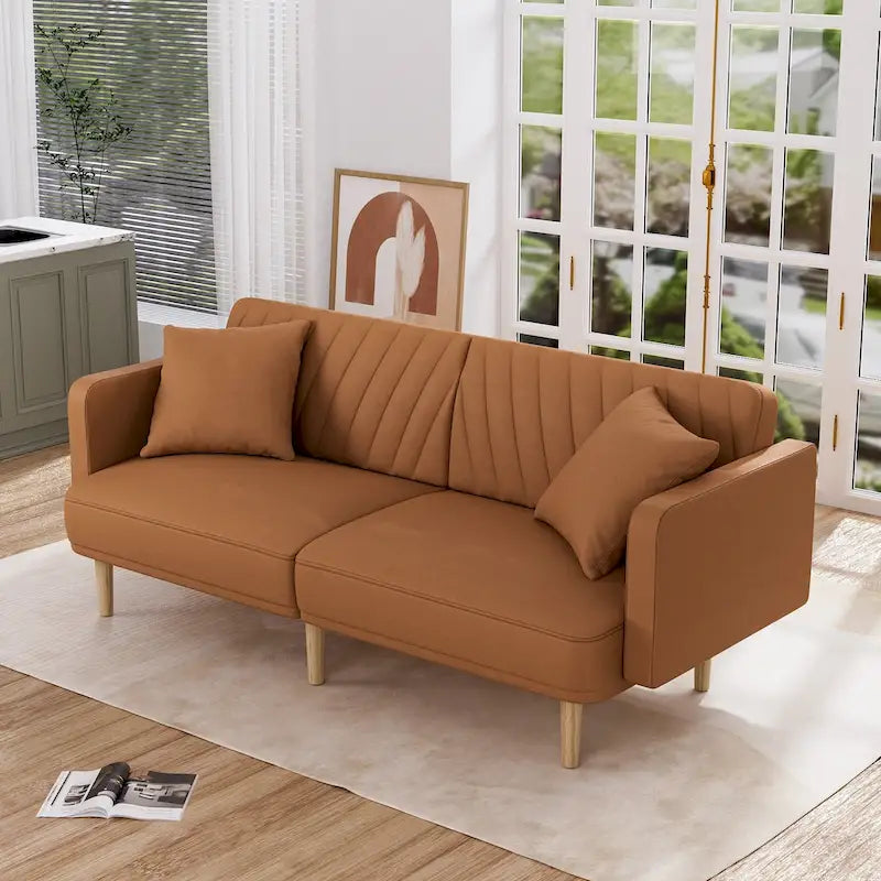Gris velours / Rose / Vert olive / Orange / Gris lin / Blanc / Cuir marron / Cuir blanc - Canapé futon convertible capitonné de style Mid-Century – 3 places