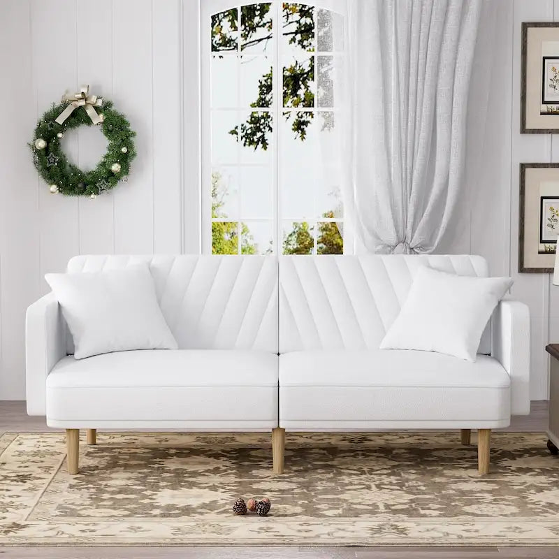 Gris velours / Rose / Vert olive / Orange / Gris lin / Blanc / Cuir marron / Cuir blanc - Canapé futon convertible capitonné de style Mid-Century – 3 places