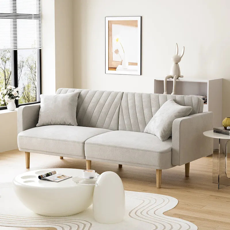 Gris velours / Rose / Vert olive / Orange / Gris lin / Blanc / Cuir marron / Cuir blanc - Canapé futon convertible capitonné de style Mid-Century – 3 places