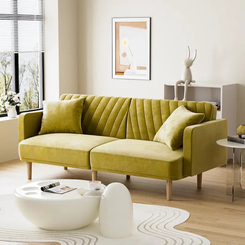Gris velours / Rose / Vert olive / Orange / Gris lin / Blanc / Cuir marron / Cuir blanc - Canapé futon convertible capitonné de style Mid-Century – 3 places