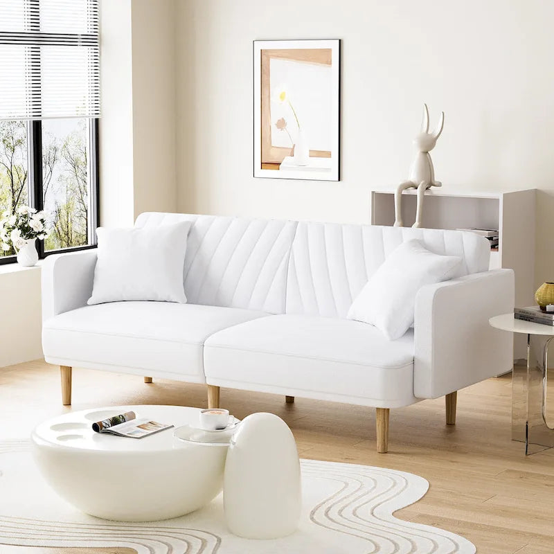 Gris velours / Rose / Vert olive / Orange / Gris lin / Blanc / Cuir marron / Cuir blanc - Canapé futon convertible capitonné de style Mid-Century – 3 places