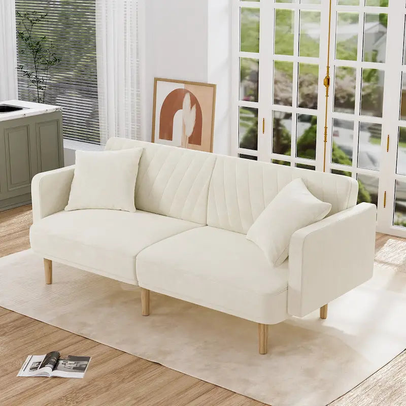 Gris velours / Rose / Vert olive / Orange / Gris lin / Blanc / Cuir marron / Cuir blanc - Canapé futon convertible capitonné de style Mid-Century – 3 places