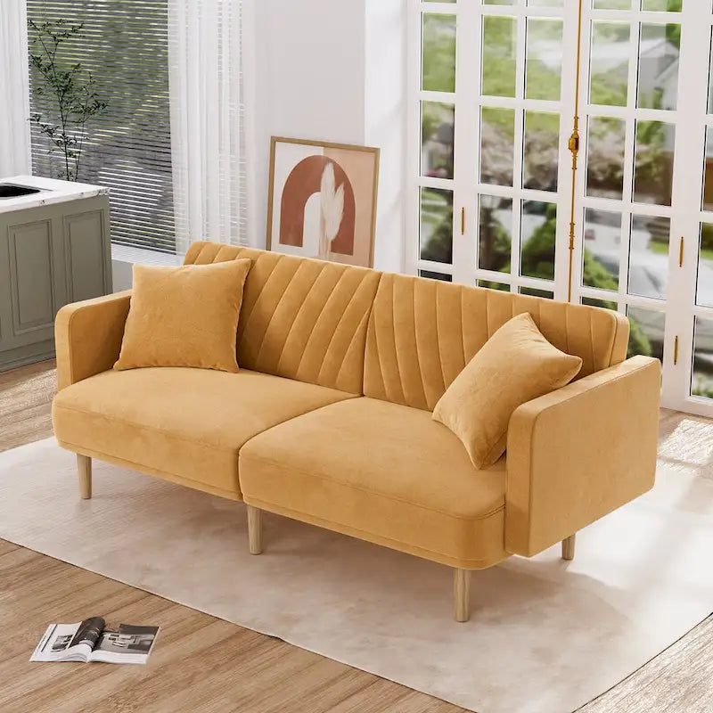 Gris velours / Rose / Vert olive / Orange / Gris lin / Blanc / Cuir marron / Cuir blanc - Canapé futon convertible capitonné de style Mid-Century – 3 places