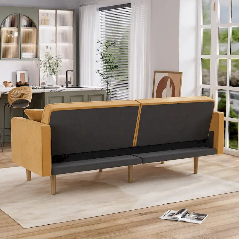 Gris velours / Rose / Vert olive / Orange / Gris lin / Blanc / Cuir marron / Cuir blanc - Canapé futon convertible capitonné de style Mid-Century – 3 places