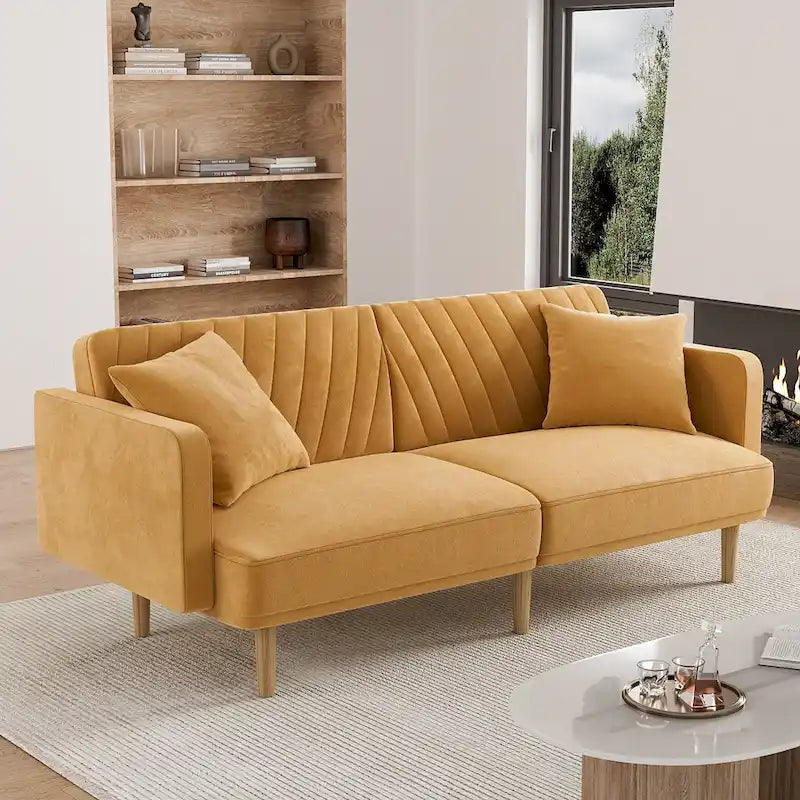 Gris velours / Rose / Vert olive / Orange / Gris lin / Blanc / Cuir marron / Cuir blanc - Canapé futon convertible capitonné de style Mid-Century – 3 places