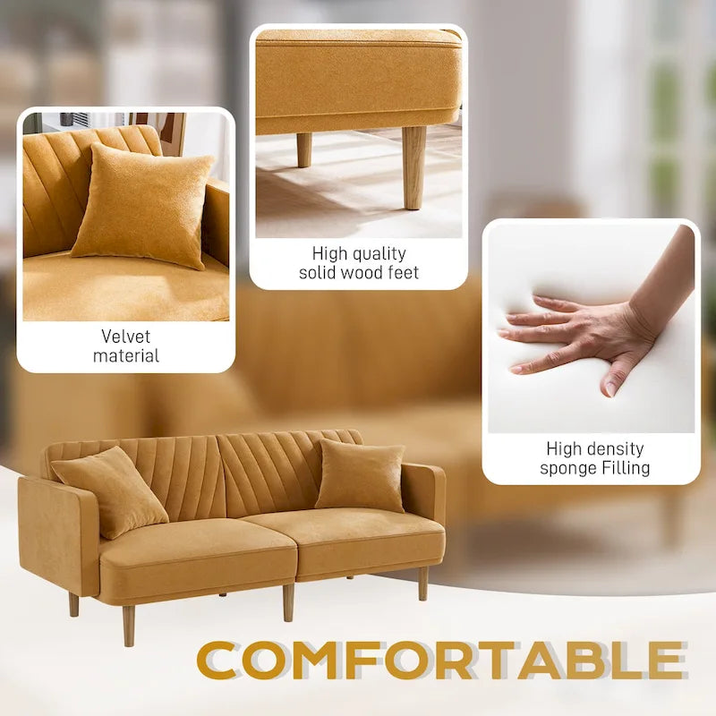 Gris velours / Rose / Vert olive / Orange / Gris lin / Blanc / Cuir marron / Cuir blanc - Canapé futon convertible capitonné de style Mid-Century – 3 places