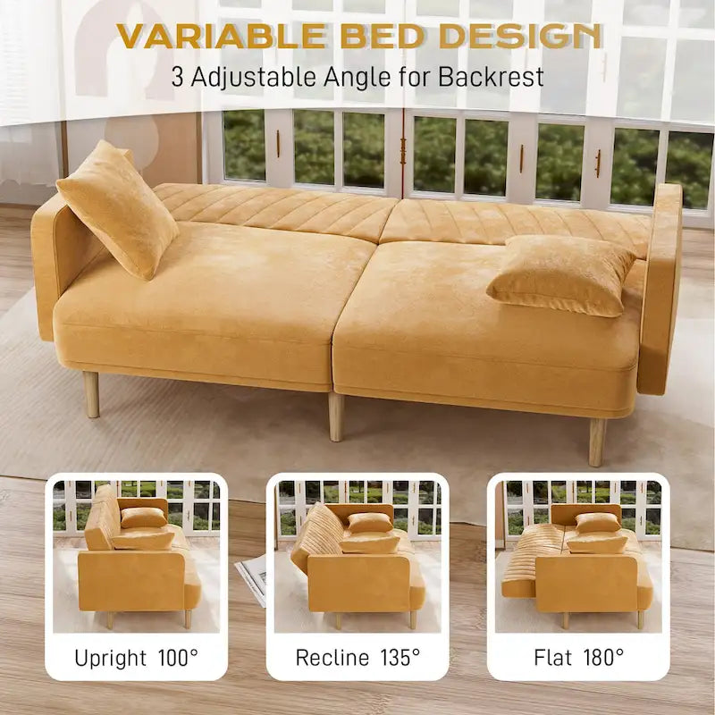 Gris velours / Rose / Vert olive / Orange / Gris lin / Blanc / Cuir marron / Cuir blanc - Canapé futon convertible capitonné de style Mid-Century – 3 places