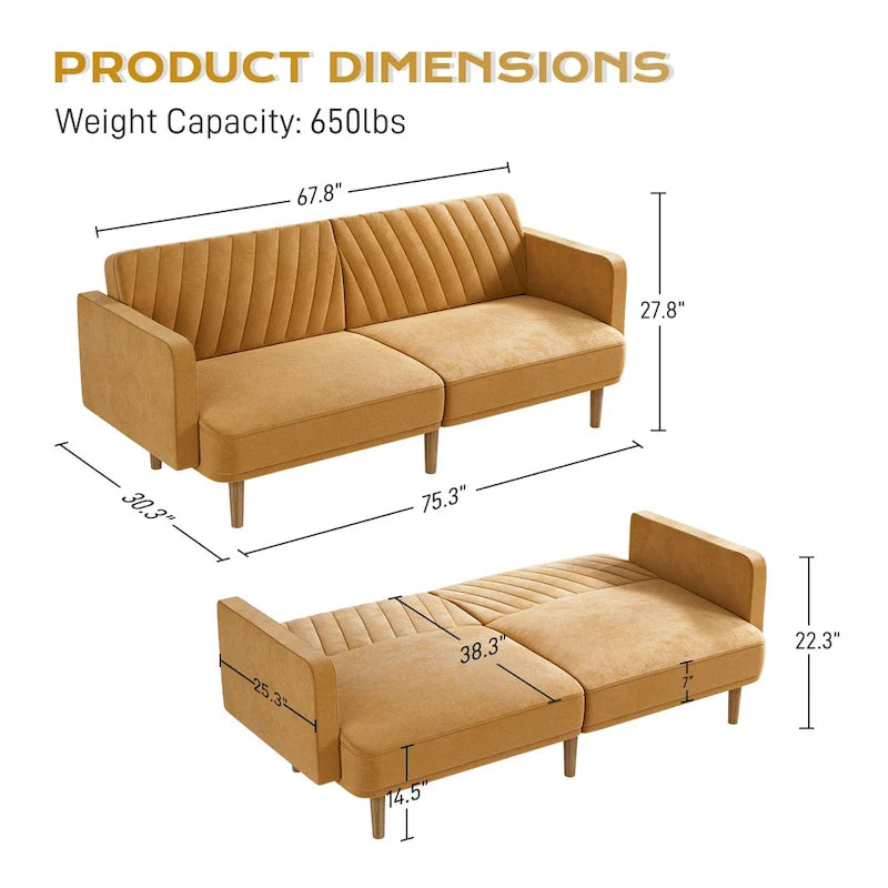 Gris velours / Rose / Vert olive / Orange / Gris lin / Blanc / Cuir marron / Cuir blanc - Canapé futon convertible capitonné de style Mid-Century – 3 places