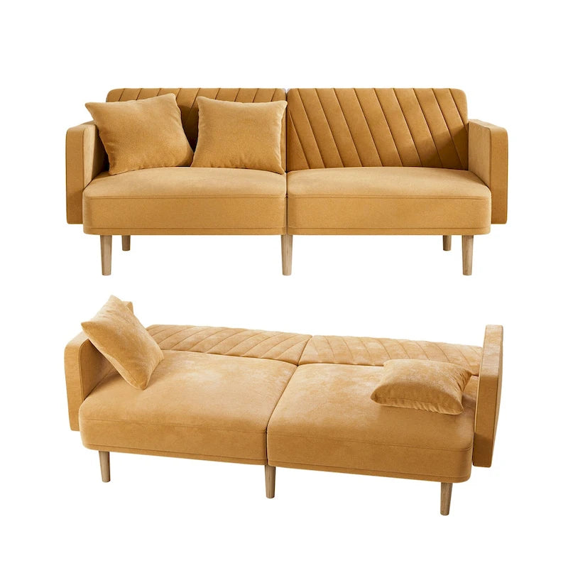 Gris velours / Rose / Vert olive / Orange / Gris lin / Blanc / Cuir marron / Cuir blanc - Canapé futon convertible capitonné de style Mid-Century – 3 places