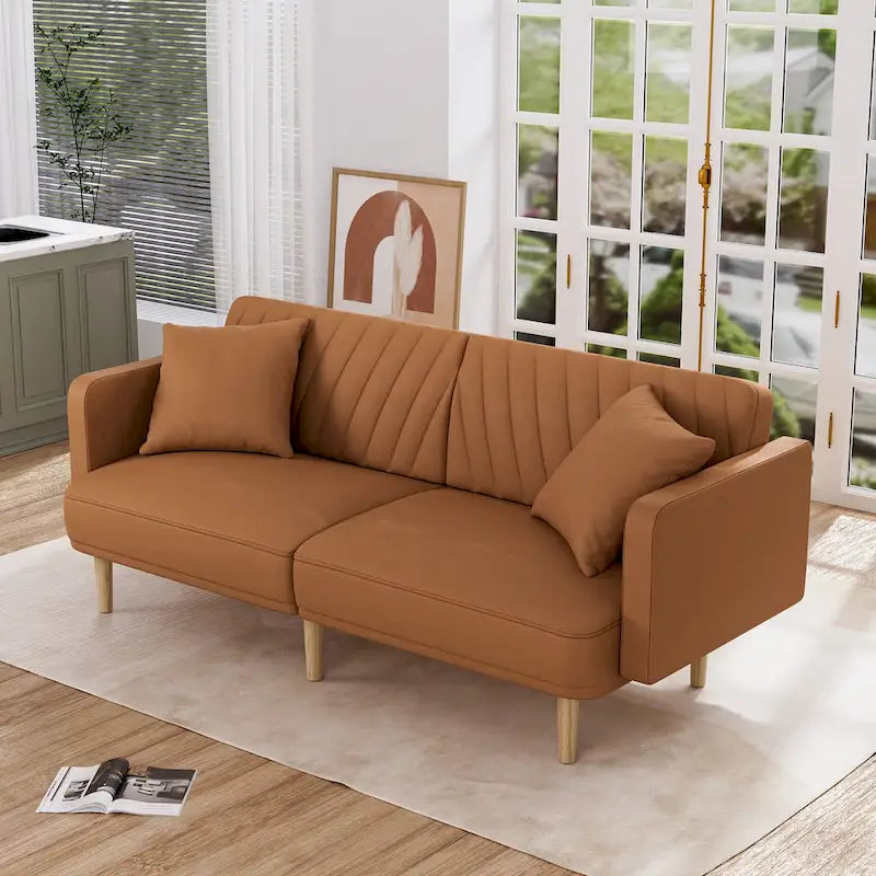 Gris velours / Rose / Vert olive / Orange / Gris lin / Blanc / Cuir marron / Cuir blanc - Canapé futon convertible capitonné de style Mid-Century – 3 places