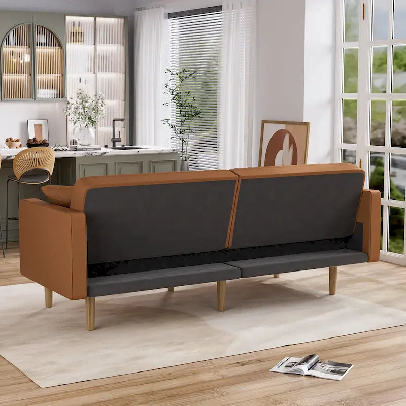 Gris velours / Rose / Vert olive / Orange / Gris lin / Blanc / Cuir marron / Cuir blanc - Canapé futon convertible capitonné de style Mid-Century – 3 places