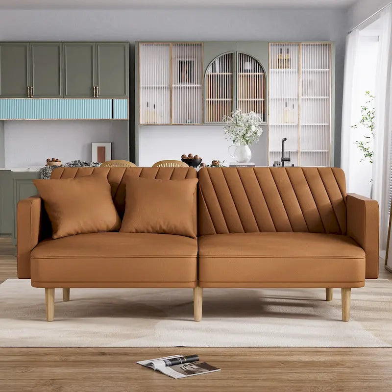 Gris velours / Rose / Vert olive / Orange / Gris lin / Blanc / Cuir marron / Cuir blanc - Canapé futon convertible capitonné de style Mid-Century – 3 places