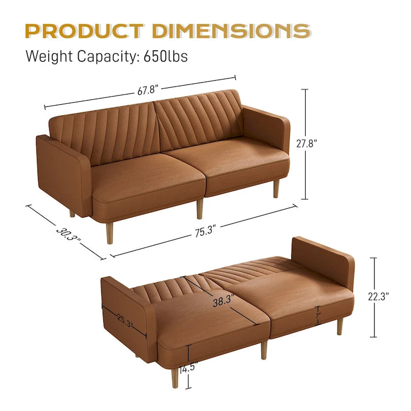 Gris velours / Rose / Vert olive / Orange / Gris lin / Blanc / Cuir marron / Cuir blanc - Canapé futon convertible capitonné de style Mid-Century – 3 places