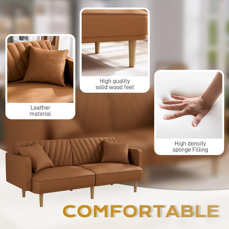 Gris velours / Rose / Vert olive / Orange / Gris lin / Blanc / Cuir marron / Cuir blanc - Canapé futon convertible capitonné de style Mid-Century – 3 places