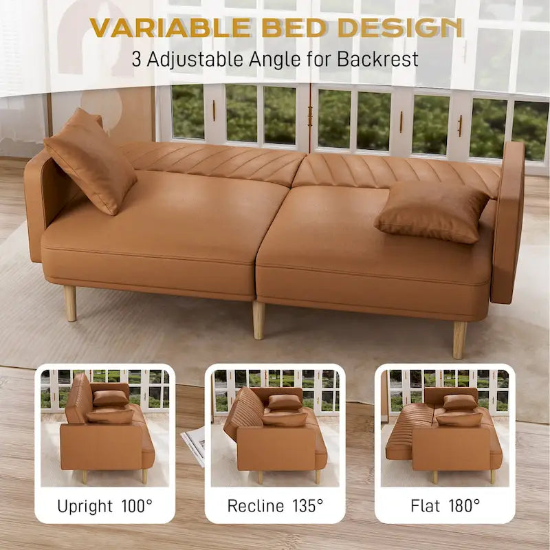 Gris velours / Rose / Vert olive / Orange / Gris lin / Blanc / Cuir marron / Cuir blanc - Canapé futon convertible capitonné de style Mid-Century – 3 places