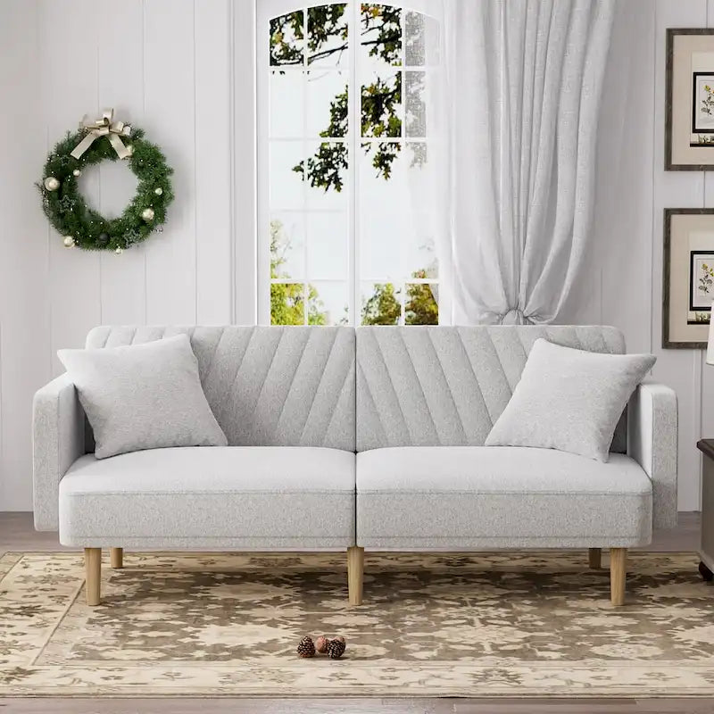 Gris velours / Rose / Vert olive / Orange / Gris lin / Blanc / Cuir marron / Cuir blanc - Canapé futon convertible capitonné de style Mid-Century – 3 places