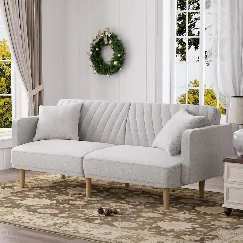 Gris velours / Rose / Vert olive / Orange / Gris lin / Blanc / Cuir marron / Cuir blanc - Canapé futon convertible capitonné de style Mid-Century – 3 places