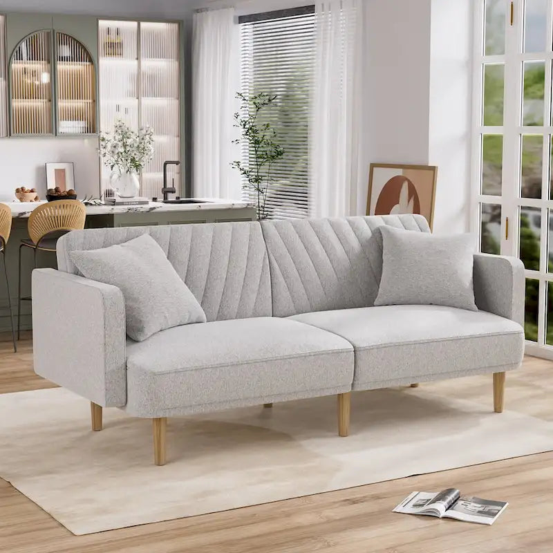 Gris velours / Rose / Vert olive / Orange / Gris lin / Blanc / Cuir marron / Cuir blanc - Canapé futon convertible capitonné de style Mid-Century – 3 places