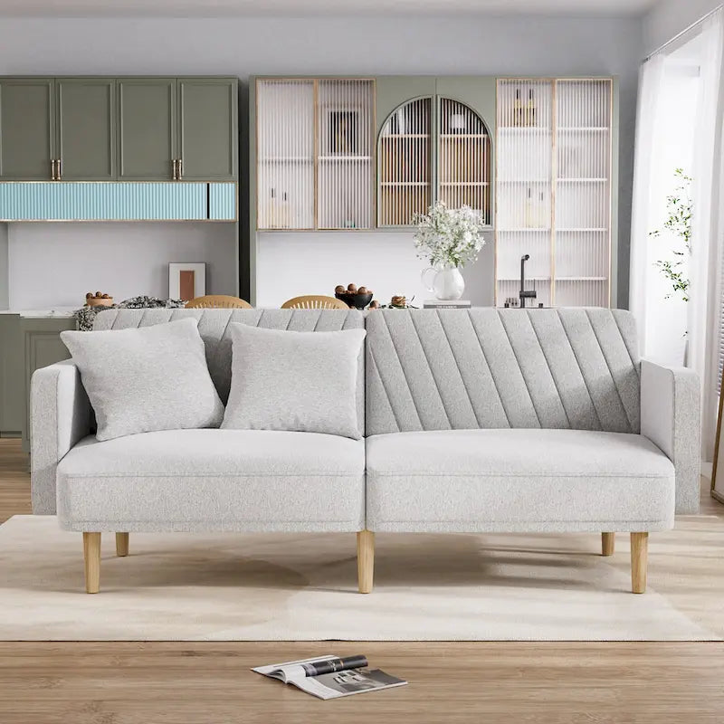 Gris velours / Rose / Vert olive / Orange / Gris lin / Blanc / Cuir marron / Cuir blanc - Canapé futon convertible capitonné de style Mid-Century – 3 places