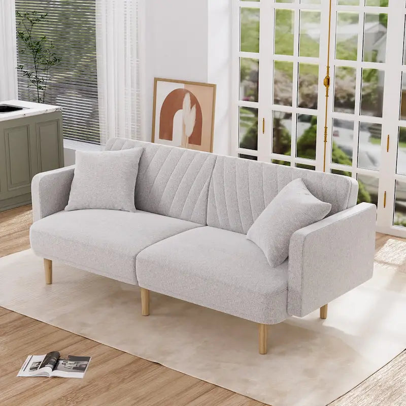 Gris velours / Rose / Vert olive / Orange / Gris lin / Blanc / Cuir marron / Cuir blanc - Canapé futon convertible capitonné de style Mid-Century – 3 places