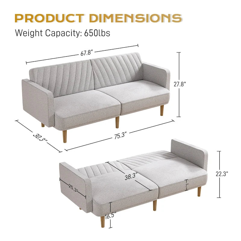 Gris velours / Rose / Vert olive / Orange / Gris lin / Blanc / Cuir marron / Cuir blanc - Canapé futon convertible capitonné de style Mid-Century – 3 places
