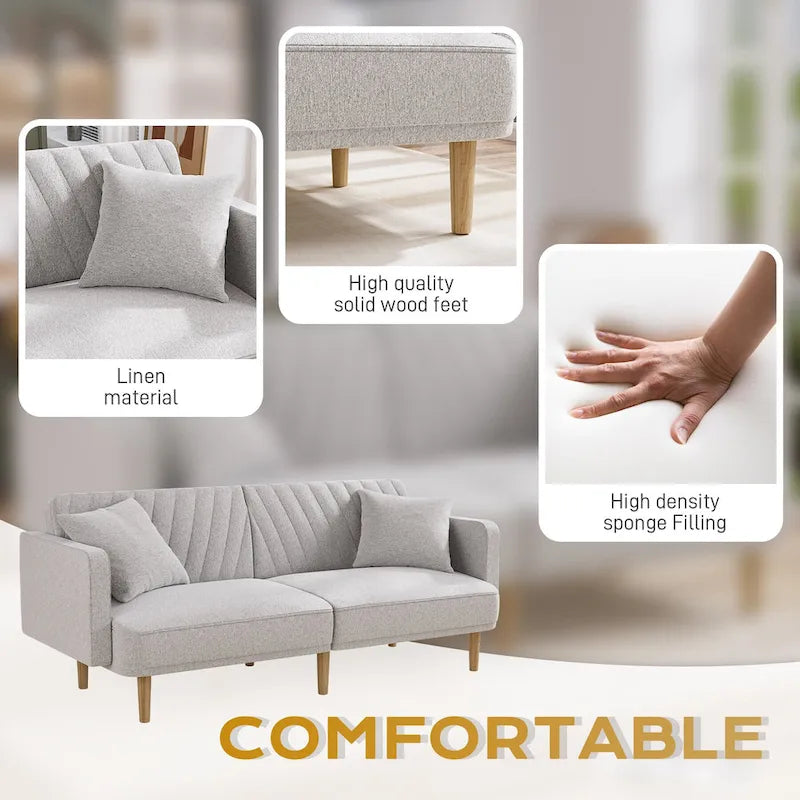 Gris velours / Rose / Vert olive / Orange / Gris lin / Blanc / Cuir marron / Cuir blanc - Canapé futon convertible capitonné de style Mid-Century – 3 places