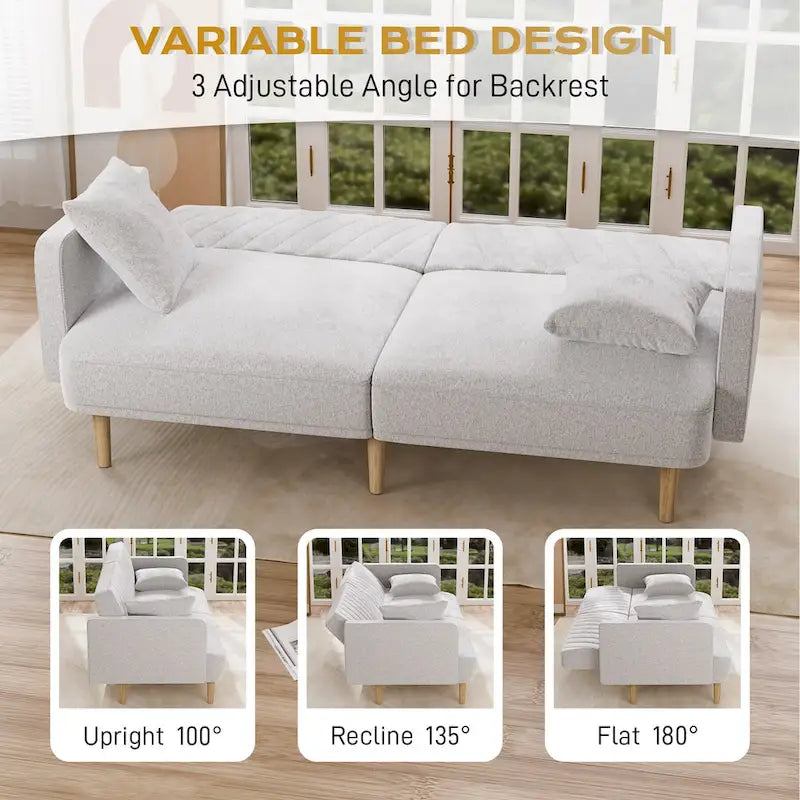 Gris velours / Rose / Vert olive / Orange / Gris lin / Blanc / Cuir marron / Cuir blanc - Canapé futon convertible capitonné de style Mid-Century – 3 places