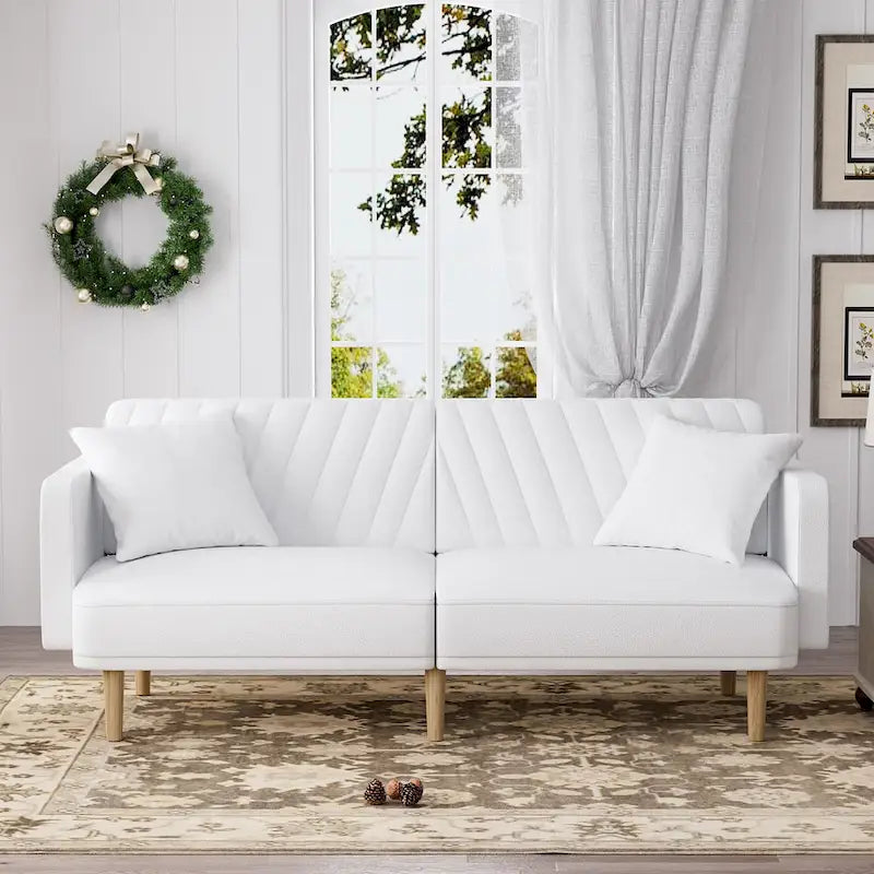 Gris velours / Rose / Vert olive / Orange / Gris lin / Blanc / Cuir marron / Cuir blanc - Canapé futon convertible capitonné de style Mid-Century – 3 places