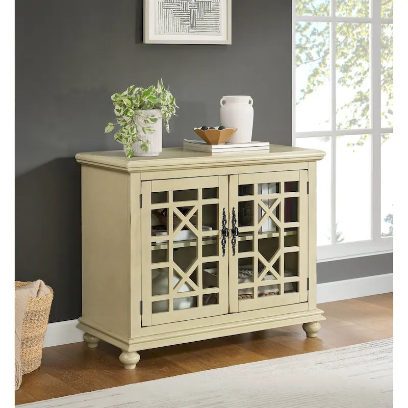 Meuble TV traditionnel gris antique / blanc crème / vert sarcelle / noir / bleu catalina / bleu-noyer / blanc-gris avec portes vitrées à croisillons - Usage unique