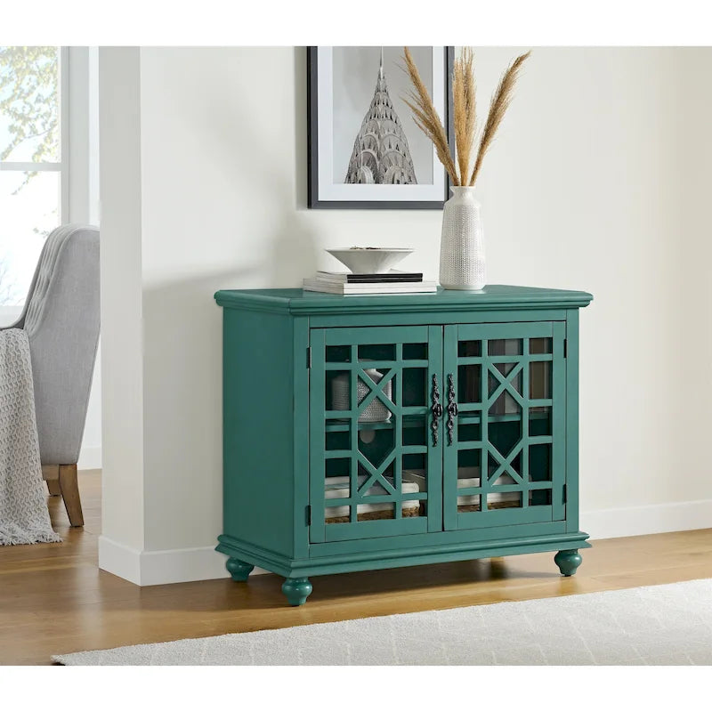 Meuble TV traditionnel gris antique / blanc crème / vert sarcelle / noir / bleu catalina / bleu-noyer / blanc-gris avec portes vitrées à croisillons - Usage unique