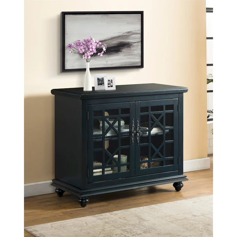 Meuble TV traditionnel gris antique / blanc crème / vert sarcelle / noir / bleu catalina / bleu-noyer / blanc-gris avec portes vitrées à croisillons - Usage unique