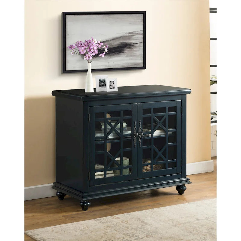 Meuble TV traditionnel gris antique / blanc crème / vert sarcelle / noir / bleu catalina / bleu-noyer / blanc-gris avec portes vitrées à croisillons - Usage unique