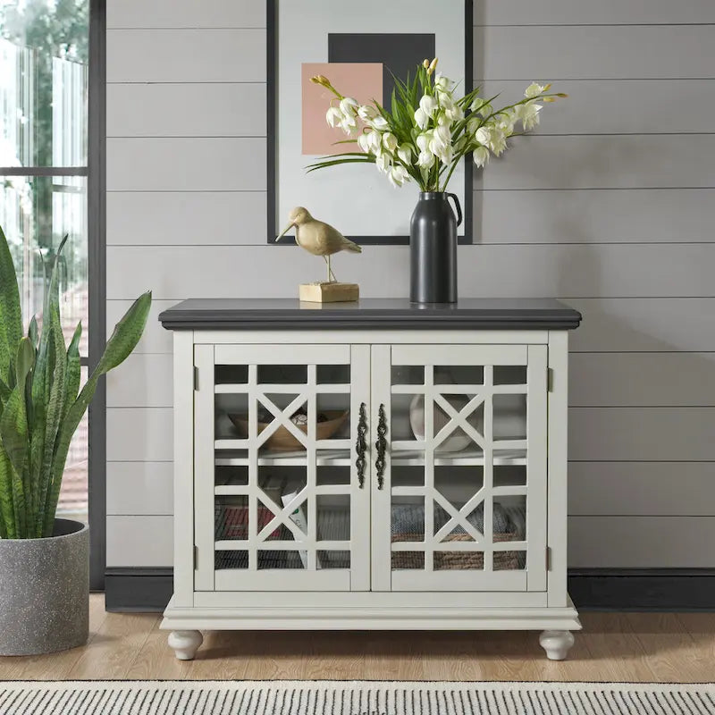 Meuble TV traditionnel gris antique / blanc crème / vert sarcelle / noir / bleu catalina / bleu-noyer / blanc-gris avec portes vitrées à croisillons - Usage unique