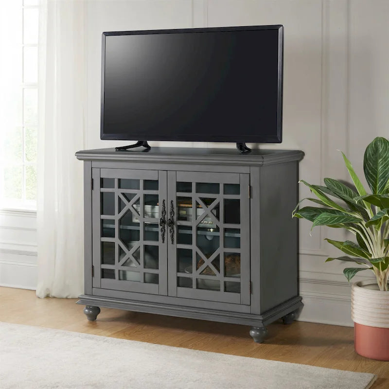 Meuble TV traditionnel gris antique / blanc crème / vert sarcelle / noir / bleu catalina / bleu-noyer / blanc-gris avec portes vitrées à croisillons - Usage unique