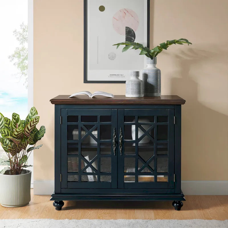 Meuble TV traditionnel gris antique / blanc crème / vert sarcelle / noir / bleu catalina / bleu-noyer / blanc-gris avec portes vitrées à croisillons - Usage unique