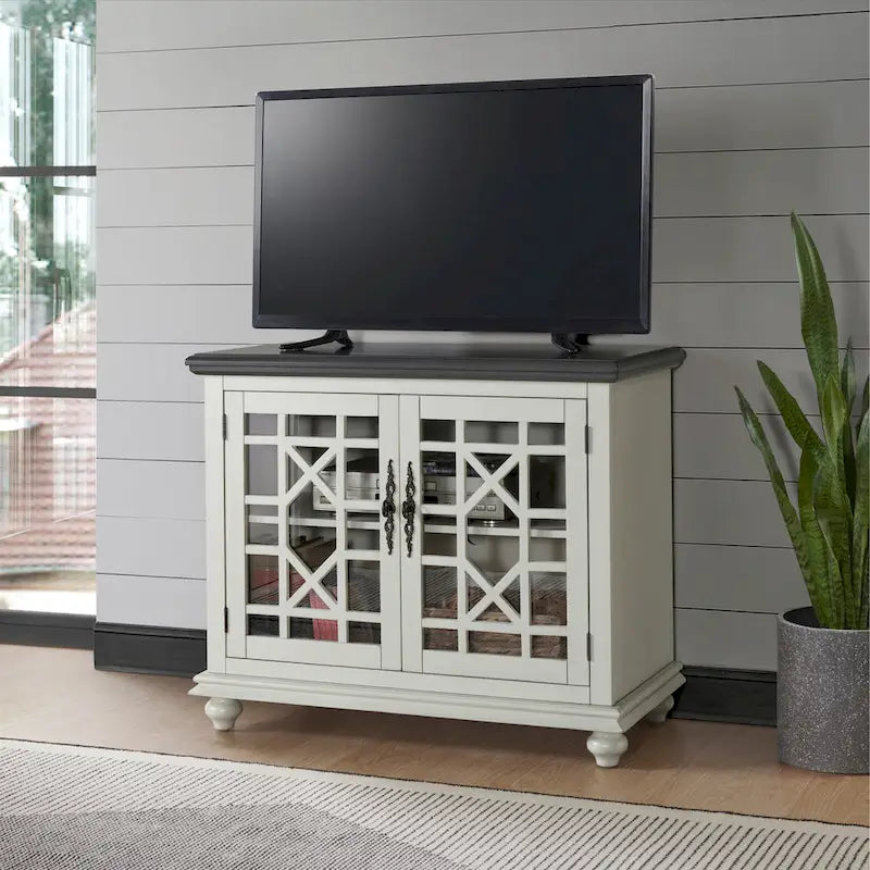 Meuble TV traditionnel gris antique / blanc crème / vert sarcelle / noir / bleu catalina / bleu-noyer / blanc-gris avec portes vitrées à croisillons - Usage unique