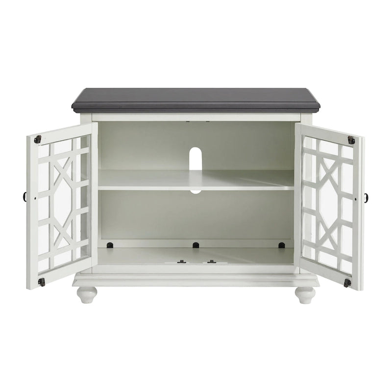 Meuble TV traditionnel gris antique / blanc crème / vert sarcelle / noir / bleu catalina / bleu-noyer / blanc-gris avec portes vitrées à croisillons - Usage unique