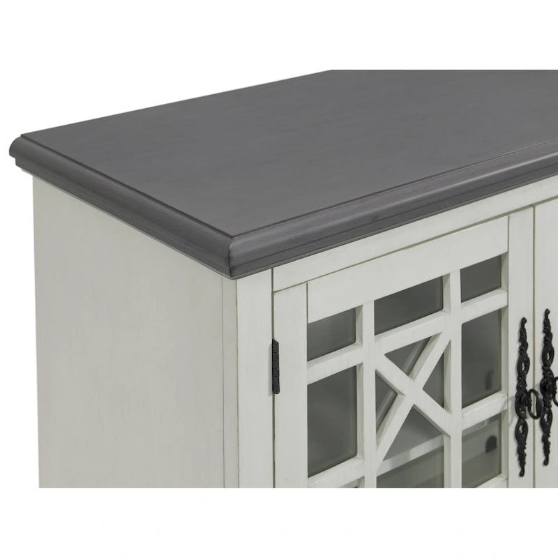 Meuble TV traditionnel gris antique / blanc crème / vert sarcelle / noir / bleu catalina / bleu-noyer / blanc-gris avec portes vitrées à croisillons - Usage unique