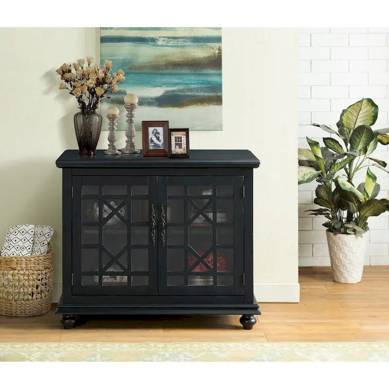 Meuble TV traditionnel gris antique / blanc crème / vert sarcelle / noir / bleu catalina / bleu-noyer / blanc-gris avec portes vitrées à croisillons - Usage unique