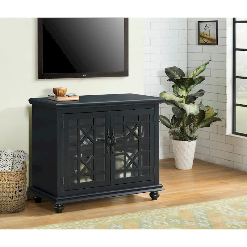 Meuble TV traditionnel gris antique / blanc crème / vert sarcelle / noir / bleu catalina / bleu-noyer / blanc-gris avec portes vitrées à croisillons - Usage unique