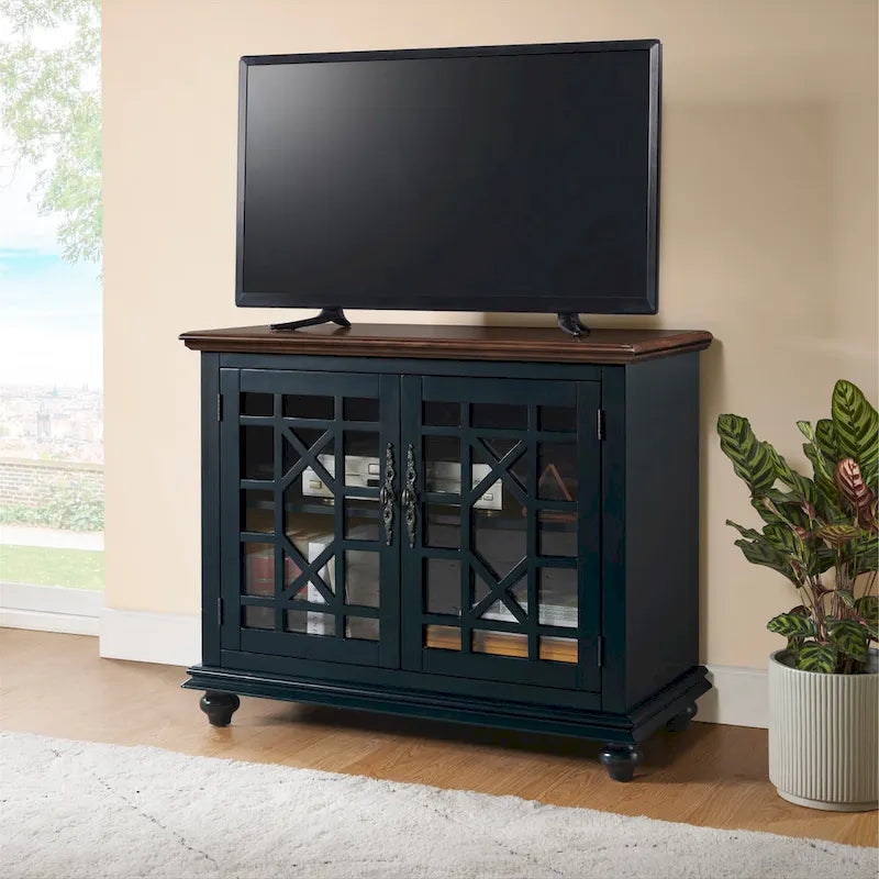 Meuble TV traditionnel gris antique / blanc crème / vert sarcelle / noir / bleu catalina / bleu-noyer / blanc-gris avec portes vitrées à croisillons - Usage unique